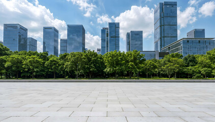 Modern City Square Background with Greenery and Buildings