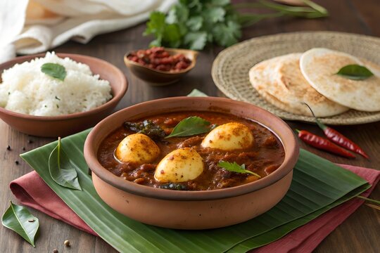 Authentic Chettinad Egg Curry with Spices, Parotta, and Rice on Wooden Table