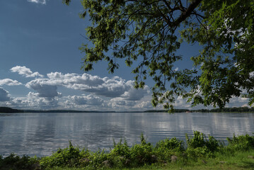 SUMMERTIME - Beautiful lake landscape with cumulus clouds against a blue sky