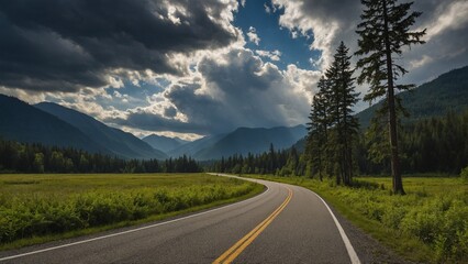 Naklejka premium Serene Agassiz forest, winding road below dramatic cloudscape, scenic, Agassiz