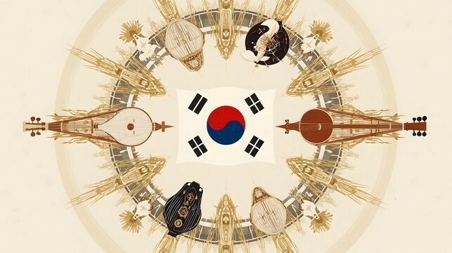Korean Cultural Icons and Flag in Circular Composition. Stylized artwork showing Korean flag surrounded by musical instruments and heritage symbols in a circular pattern.