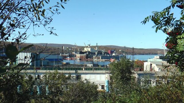 Murmansk, RUSSIA - September 10, 2016: Nuclear icebreaker Sibir in repair dock, zoom in. For editorial use only.