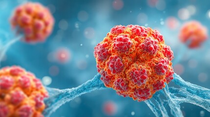 A close-up 3D illustration of a virus or cell cluster, depicted with vivid orange and red colors against a blue microscopic background