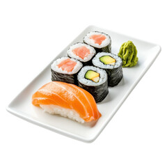 Fresh sushi on a ceramic plate with a variety of delicious options, artistically arranged on a square plate, accompanied by colorful wasabi.