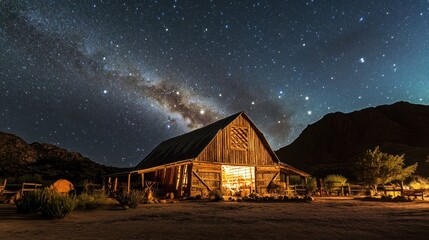 Rustic barn illuminated beneath the vast expanse of the Milky Way galaxy