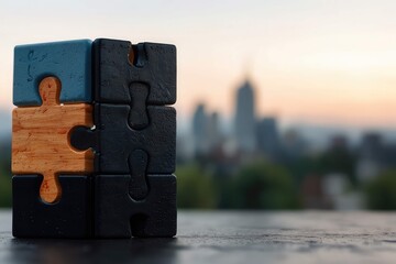 Elegant Fusion of Wood and Black Gloss in Puzzle Form