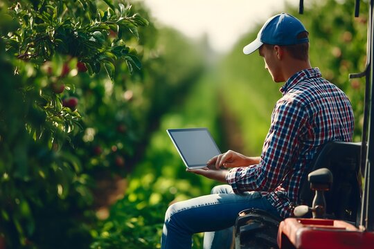 Farmer using laptop while sitting on tractor in apple orchard