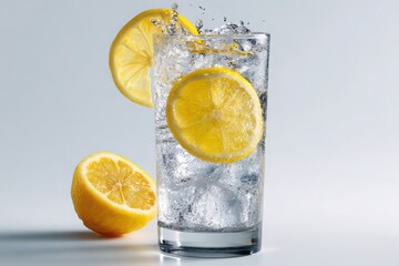 Refreshing tall glass of sparkling water with ice and lemon slices with a half lemon nearby