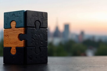 Elegant Fusion of Wood and Black Gloss in Puzzle Form