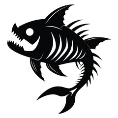 Cartoon Fish Skeleton with Sharp Teeth and Fins Black and White Illustration
