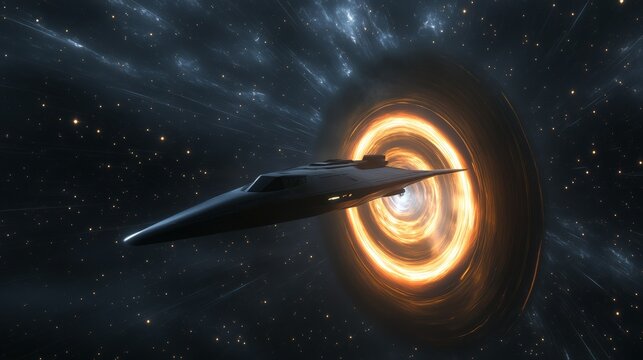 Modern spaceship approaching a wormhole in deep space, traveling faster than light through interstellar travel, exploring the universe and discovering new galaxies