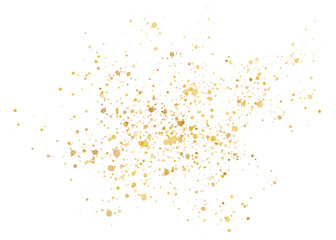 Gold glitter particles, scatter of sparkling confetti. Festive golden shimmering splatter decor isolated on transparent background	