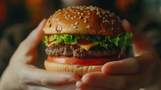 A close-up shot of a person holding a juicy hamburger, perfect for food or lifestyle images