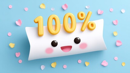 A close-up joyful illustration with the word 100% in the center, radiating positivity and complete happiness.