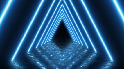 Blue neon lines intersect each other forming triangle with reflecting floor looping aniamtion. Motion graphic 4k - Powered by Adobe