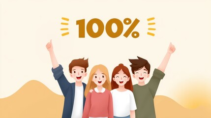 A close-up joyful illustration with the word 100% in the center, radiating positivity and complete happiness.