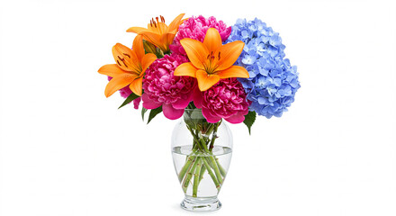 Vibrant Summer Bouquet: Stunning Orange Lilies, Pink Peonies, and Delicate Blue Hydrangeas in a Clear Glass Vase. A captivating arrangement of fresh flowers, perfect for celebrating life's joyful m...