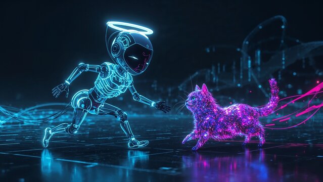 A robot and a cat are in a futuristic setting