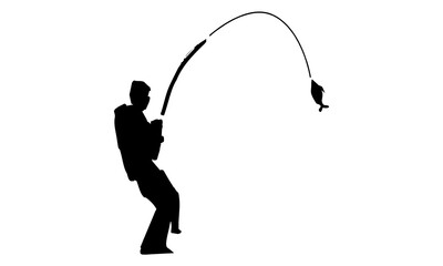 Silhouette of a Man Reeling in a Fish Using a Fishing Rod Vector Art