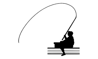 Man Sitting on Dock Fishing Peacefully Silhouette Vector Illustration