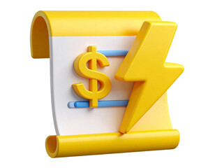  3D Icon of Energy Bill with Dollar Symbol and Lightning Bolt, Isolated on Transparent Background PNG   