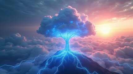 A futuristic glowing holographic cloud with routs showing data connectivity all over the world. AI Generative