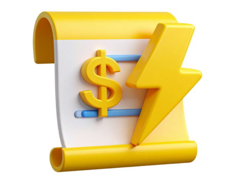  3D Icon of Energy Bill with Dollar Symbol and Lightning Bolt, Isolated on Transparent Background PNG   