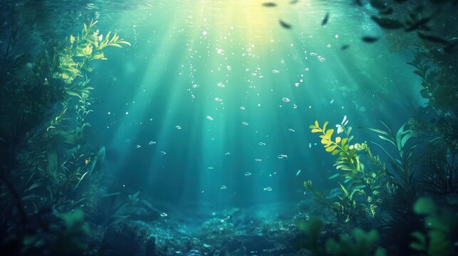 Sunlit underwater scene with marine plants and rising bubbles creating serene ocean ambiance
