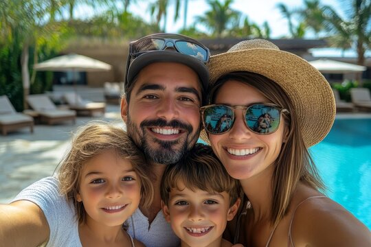 Happy young family with two children taking a selfie at a luxury hotel during their summer holiday, capturing joyful moments on vacation, Generative AI