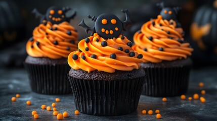 Three delicious chocolate cupcakes with vibrant orange frosting, black sprinkles, and festive skull decorations sitting on a dark, textured surface for Halloween party.