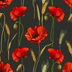 Obraz premium Wildflowers Seamless Pattern with Poppies and Wheat. Summer Meadow Flowers Seamless Texture. Perfect for prints textiles and wrapping. Ready to print grey background