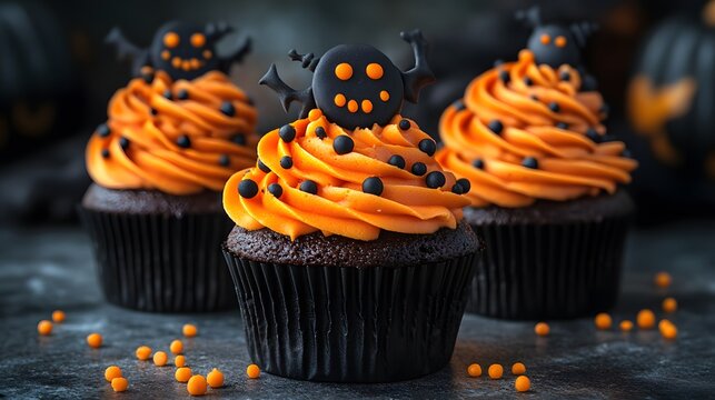 Three delicious chocolate cupcakes with vibrant orange frosting, black sprinkles, and festive skull decorations sitting on a dark, textured surface for Halloween party. - Powered by Adobe