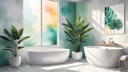 Fototapeta premium Abstract colorful watercolor art painting of Modern bath room with minimalist decor and clean interior design Hand painted brush stroke on paper texture. Illustration artwork.