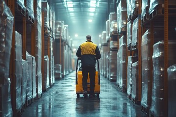 Male warehouse worker pulling a pallet truck in a modern warehouse, representing the hard work and logistics management behind the scenes in industrial operations, Generative AI
