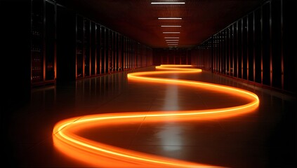 Futuristic neon light trail winding through a data server room