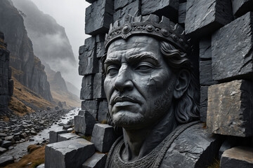 Fototapeta premium Gigantic Stone Head Sculpture in Misty Mountain Landscape