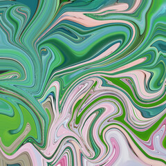 Fototapeta premium Fluid motion of green, pink, and pastel hues swirling in a modern marbled abstract design. Ideal for artistic backgrounds and texture-rich visuals.