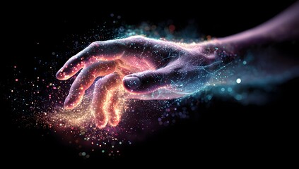 Hand reaching into colorful sparkling particles in dark space