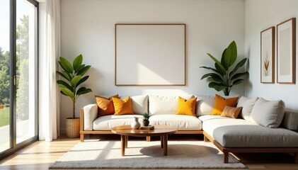 Naklejka premium Bright living room, boho accents, natural materials, decor, airy, elegant