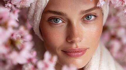 Spa editorial with 25-year-old blonde, delicate facial lines, cream on face, surrounded by pink flowers in fresh pastel tones.