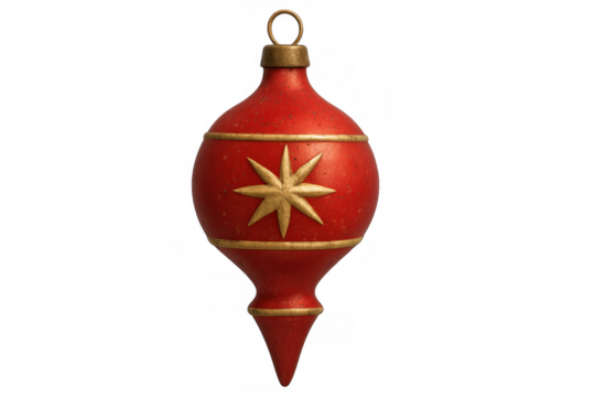 Red christmas ornament dangling with golden star accent, suspended against transparent backdrop, highlighting festive seasonal decor design - Powered by Adobe