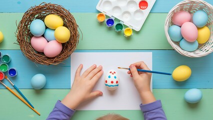 Creating Easter Egg Art A child's hands paint a decorated egg with colorful paintbrushes and vibrant decorations.