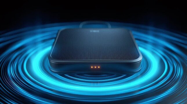 Modern Tech Device: A sleek, high-tech device, its form suggesting connectivity, sits in a radiant aura of technological energy. Illuminated and surrounded by dynamic blue waves.