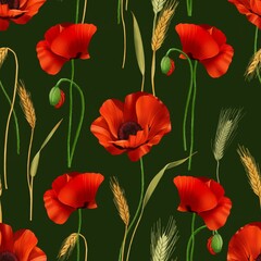 Naklejka premium Wildflowers Seamless Pattern with Poppies and Wheat. Summer Meadow Flowers Seamless Texture. Perfect for prints textiles and wrapping. Ready to print grey background