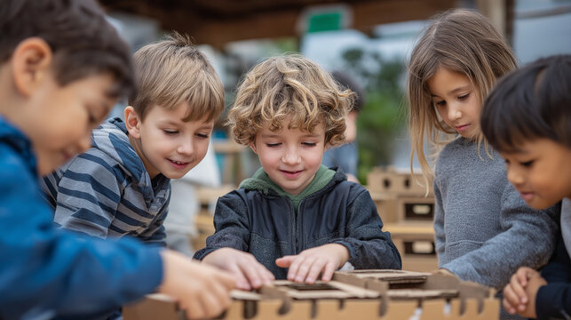 Kids Building a Cardboard Space Station in a Multicultural Schoolyard