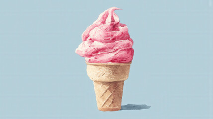 Watercolor Painting of Strawberry Soft Serve Ice Cream Cone