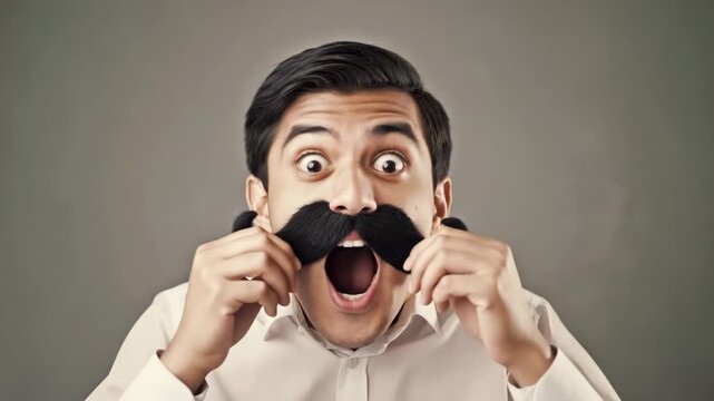 Man wearing fake moustache making funny faces