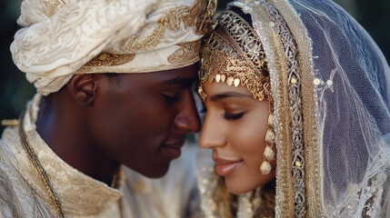 Obraz premium Bride and groom in traditional attire touch foreheads tenderly.