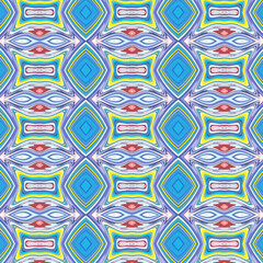 Eye-catching abstract diamond pattern in blue, yellow, and pink tones with symmetrical repetition, ideal for wallpapers, fabric, and digital visuals.