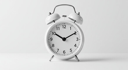 Classic White Alarm Clock on a Minimalist White Background: A Perfect Time Management and Productivity Concept Image. This high-resolution photograph showcases a vintage-style alarm clock, ideal fo...